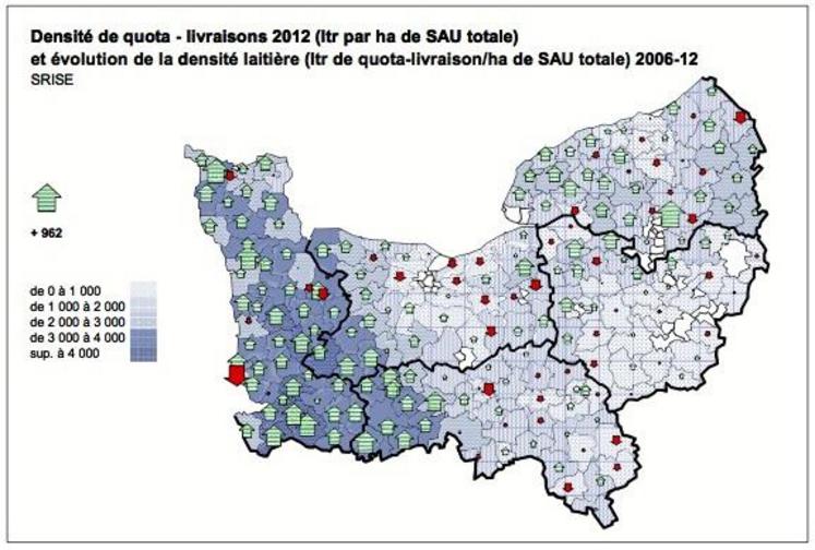 Les contrastes entre territoires en matière de densité laitière 
ont tendance à s’accroître, notamment en Basse-Normandie.