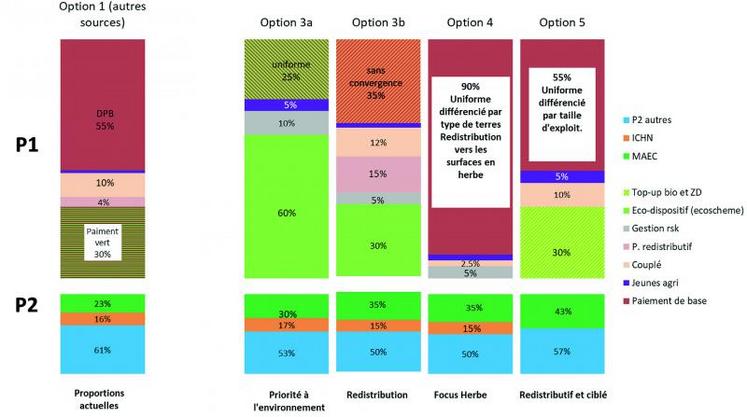 L’étude d’impact de la Commission européenne illustre ce que pourrait être un Plan Stratégique National à travers 4 options principales, ici placées en regard de la PAC actuelle à la française. DR