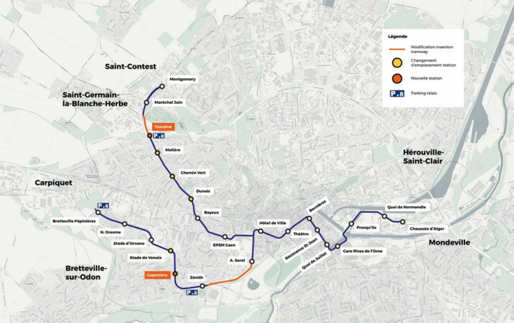 Le tracé prévu pour la ligne 4 du tramway de Caen ira jusqu'à Saint-Contest.