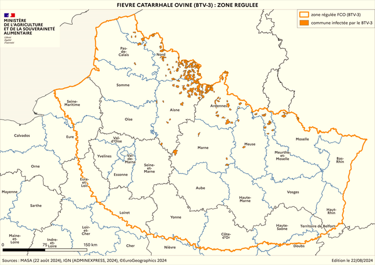 Arrivée par le nord, la FCO contraint la zone régulée à s'étendre sur 503 communes en Seine-Maritime et 230 communes dans l'Eure.