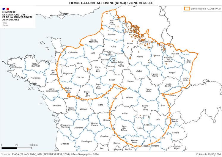 La zone régulée liée à la FCO s'étend sur la grande majeure partie de la Normandie.