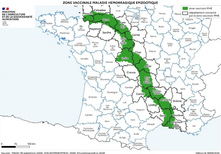 Zone vaccinale de la maladie hémorragique épizootique.