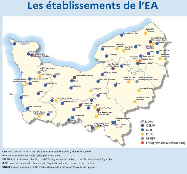 Localisation des CNEAP (Conseil national de l'enseignement agricole privé), MFR (Maison familiale rurale), EPLEFPA (Établissement Public Local d'Enseignement et de Formation Professionnelle Agricoles), IFCE (Institut français du cheval et de l'équitation) et UNREP (Union nationale rurale d'éducation et de promotion) en Normandie.