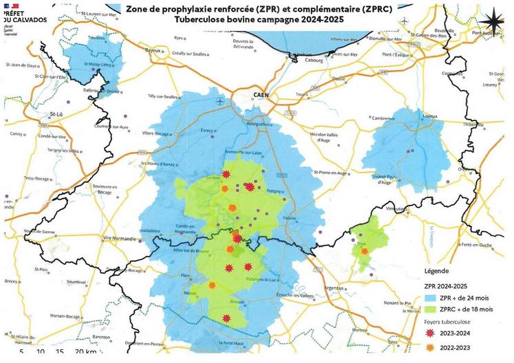 La carte de prophylaxie renforcée telle qu'elle a été définie pour la campagne 2024-2025. Elle concentre plus de 110 000 animaux et 213 communes.