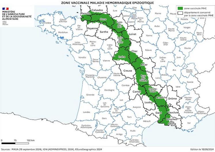 La zone vaccinale de la MHE s'étend sur 525 communes en Basse-Normandie : 57 dans le Calvados, 105 dans la Manche et 363 dans l'Orne.