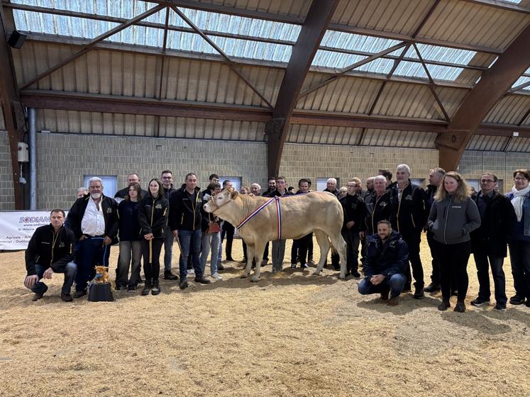 La convivialité est bien présente chez les éleveurs de Blonde d'Aquitaine de la Manche. Ils se retrouvent autour de l'animal du concours avant de partager un moment de convivialité.