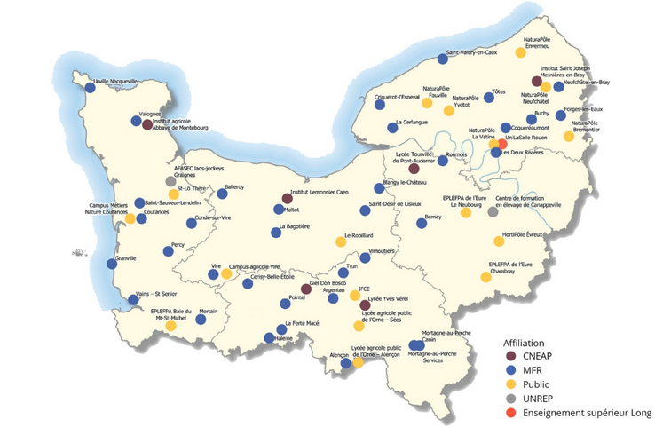 39 % des élèves de l'enseignement agricole en Normandie étudient dans les Lycées agricoles publics. L'Institut Mesnières, le LAP de Tourville et l'Institut Lemonnier sont les trois établissements agricoles privés les plus sollicités de Normandie. Ils recrutent 75 % des élèves dans le secteur de l'enseignement privé.