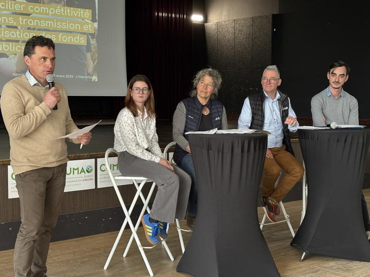 Ont participé à la table ronde, Salomé Lecerf, jeune installée en cuniculture dans les Côtes d'Armor, Marie-Isabelle Le Bars, chargée de mission installation-transmission à la Chambre d'Agriculture de Bretagne, Pierre Supervielle, secrétaire général adjoint de la Fédération nationale des Cuma et Martin Jeantil, directeur général et commercial au sein du Groupe Jeantil.