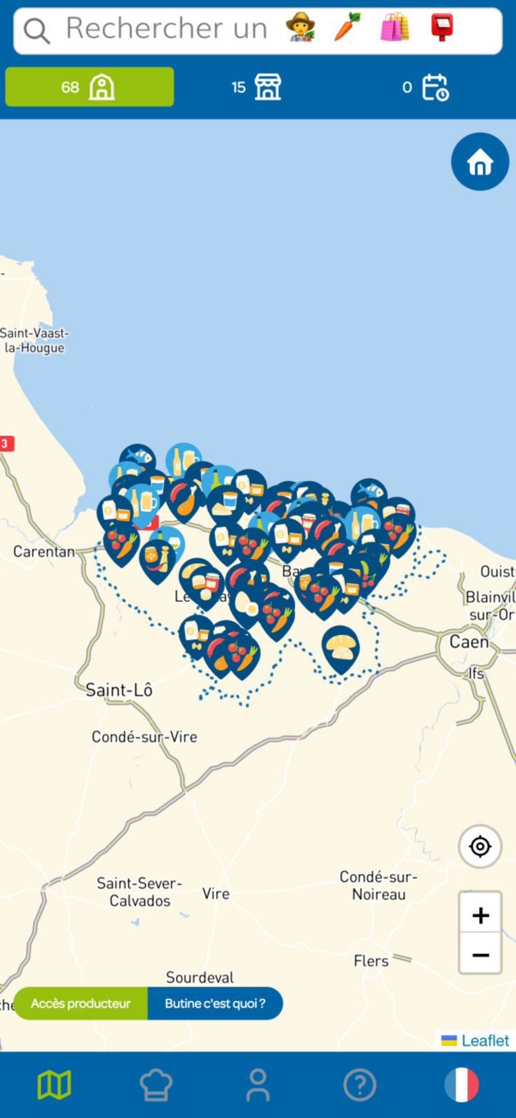 Les producteurs et marchés apparaissent sur une carte du territoire et affichent un logo en fonction de ce qu'ils vendent.