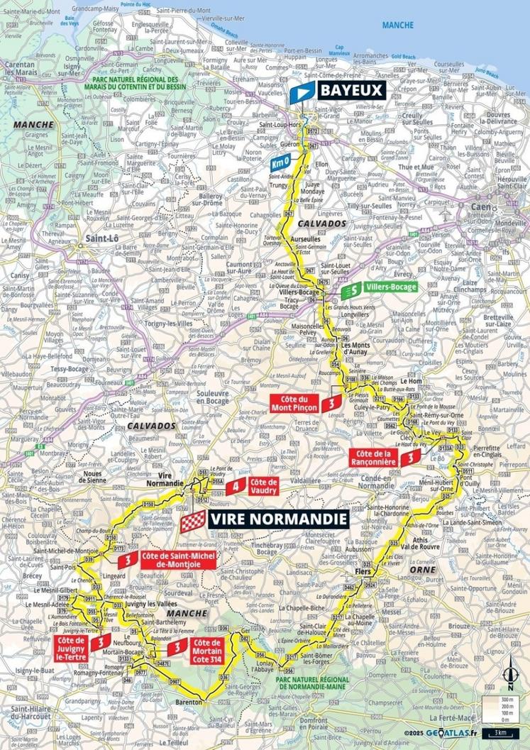 Le tracé de l'étape 9 qui partira le jeudi 10 juillet de Bayeux et arrivera à Vire.