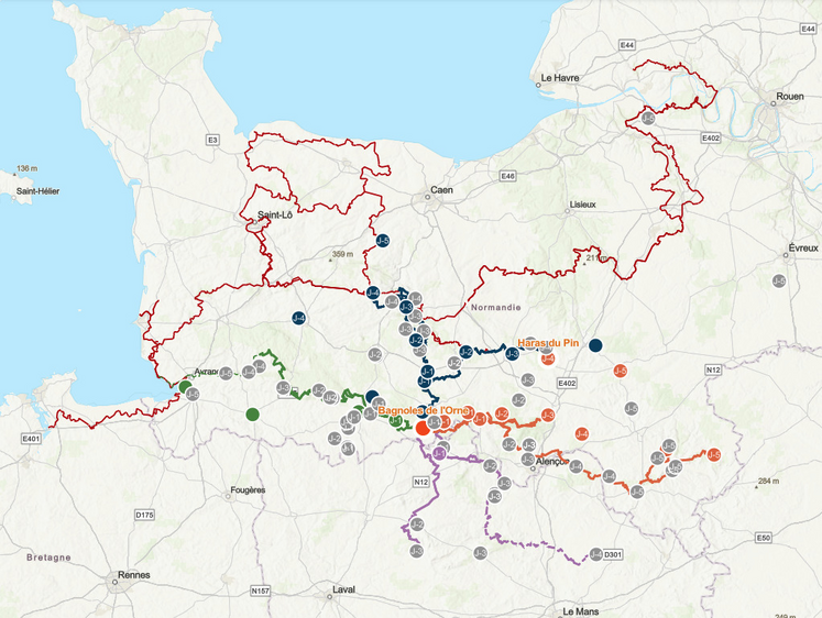 La carte interactive des cinq itinéraires d'approche est à retrouver sur le site internet : https://equirando.ffe.com/itineraires/