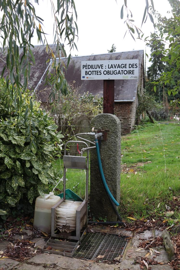 Un pédiluve est placé à l'entrée de la ferme pour permettre de nettoyer et désinfecter les bottes.