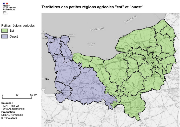 La Normandie est découpée en deux grandes régions (est et ouest) quant au zonage relatif à la protection des prairies sensibles.