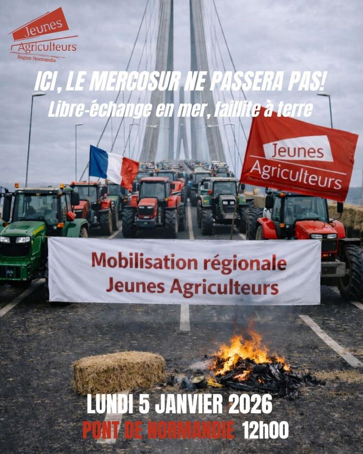 Les JA Normandie se positionnement sur le pont de Normandie le 5 janvier dès midi en regardant au large des côtes pour dénoncer l'entrée de produits issus de l'accord du Mercosur.