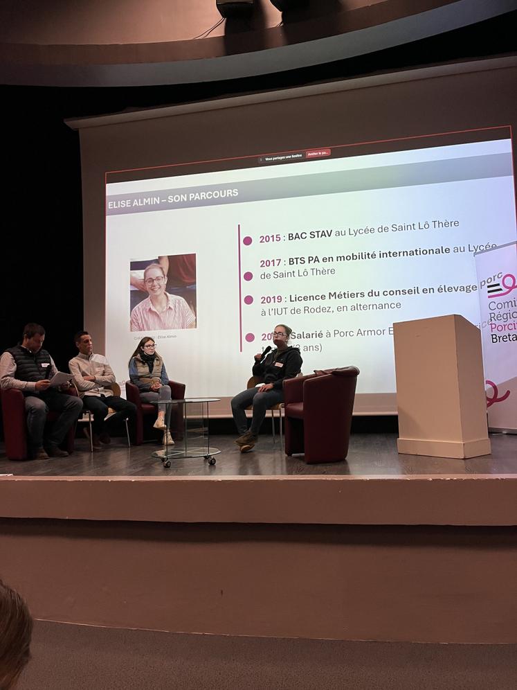 Élise Almin, éleveuse dans la Manche, Juliette Desdomaines, conseillère chez Agrial, et Jérémy Horold, futur installé hors cadre familial ont partagé leurs parcours respectifs au sein de la filière porcine dans le grand ouest.