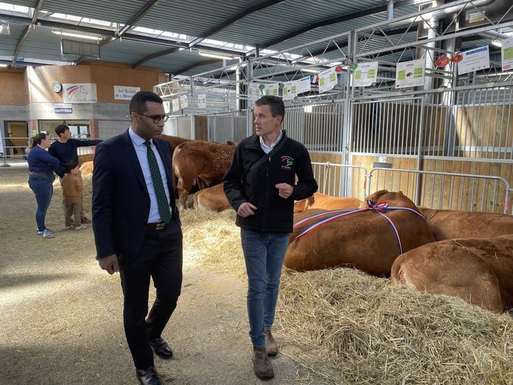 Au côté d'Arnaud Nuttens, éleveur de Limousine, Frédéric Monpierre a arpenté les allées.