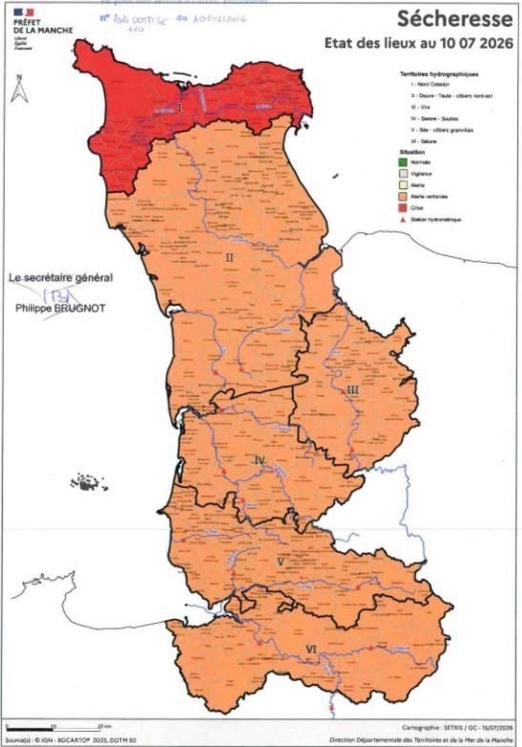 Le 10 juillet, le niveau 3 voire le niveau 4 de l'alerte sécheresse a été activité pour le département de la Manche à compter du 10 juillet.