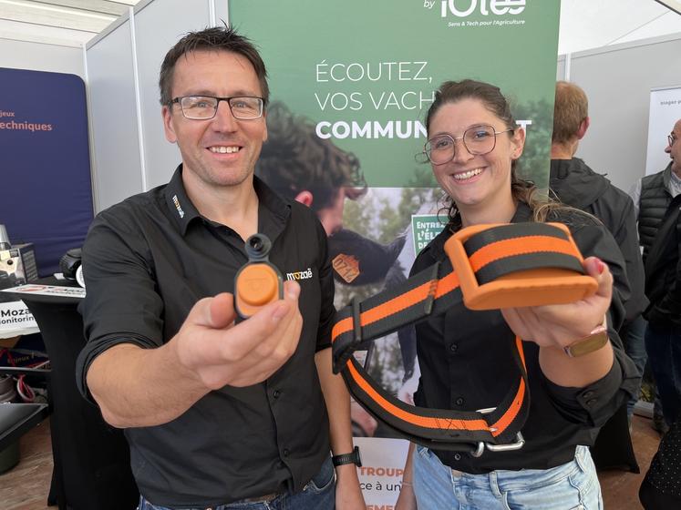 David Savary et Morgane Houdus, conseillers monitoring chez iOtee : à gauche la boucle d'oreille, à droite le traditionnel collier de vêlage.
