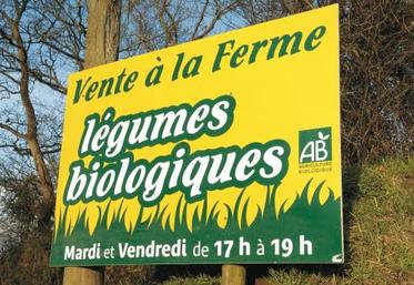 Pancarte à l'entrée d'une exploitation agricole produisant des légumes biologiques.