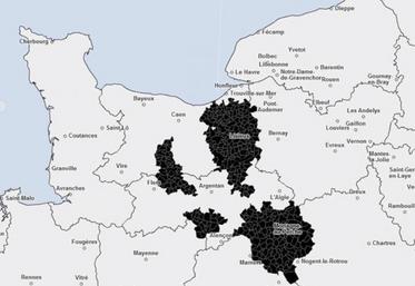 Carte 1 - Avant réforme, le zonage couvrait 45 % de la SAU ornaise et 27 % dans le Calvados