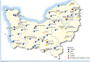 Localisation des CNEAP (Conseil national de l'enseignement agricole privé), MFR (Maison familiale rurale), EPLEFPA (Établissement Public Local d'Enseignement et de Formation Professionnelle Agricoles), IFCE (Institut français du cheval et de l'équitation) et UNREP (Union nationale rurale d'éducation et de promotion) en Normandie.