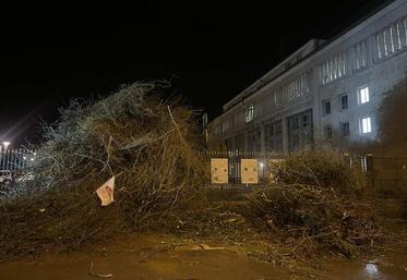 À 5 h du matin le 16 mars, les JA ont déversé des branches et de l'eau devant la préfecture de Saint-Lô.