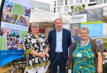 Sylviane Pralus (MSA), Jean-Yves Heurtin (CA14) et Christine Dumont (Réagir) ont évoqué la cellule Réagir Sécheresse 2026 à Vachement Caen.