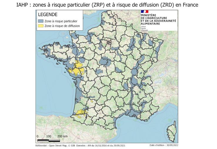 Influenza aviaire : carte des zones à risque particulier (ZRP) et à risque de diffusion (ZRD) en France