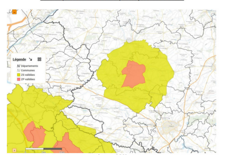 Zones réglementées IAHP dans le Maine-et-Loire et nord-est de la Vendée au 19 novembre 2025.