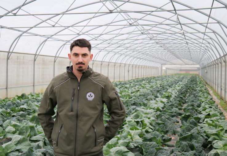 Le jeune agriculteur dans un de ses tunnels de choux semences. 