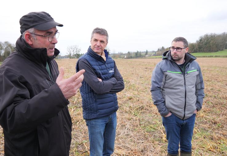 Jean-Marie Rousteau et David Métivier, agriculteurs engagés dans l'agriculture de régénération et Gabriel Rousseau, technicien-conseil Terrena, sur l'exploitation de Jean-Marie Rousteau. 
