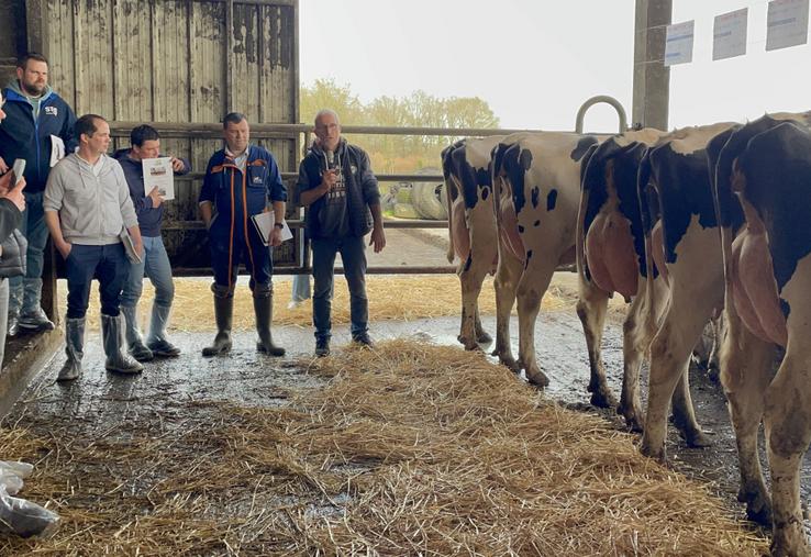 L'éleveur Michel Ménard, du Gaec de la Boissière (au micro) a expliqué ses choix en matière de génétique et Christophe Marais, technicien à Prim'holstein France, a présenté une sélection de quelques vaches.