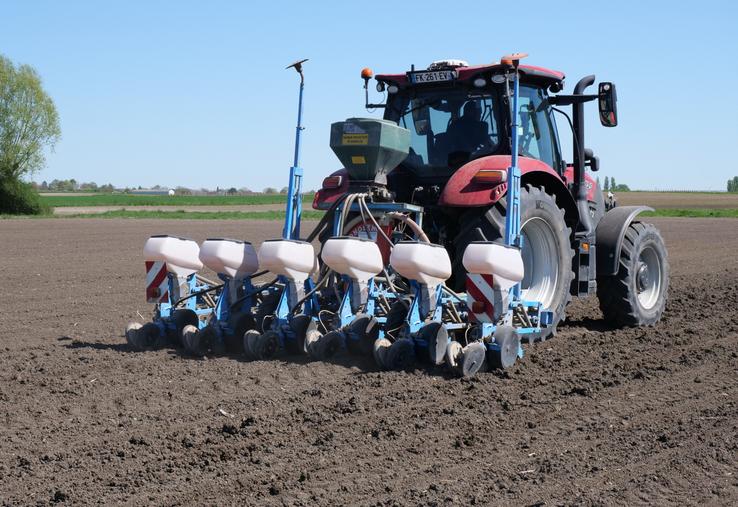 Mardi 7 avril, les semis de tournesol se terminent sur l'exploitation de Sébastien Derouineau. Après le semis, l'agriculteur procède au passage du rouleau pour favoriser la germination. 