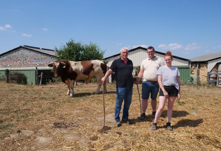 Christian, Julien et Julie Douet, de l'élevage Douet à Châtelais, devant un des taureaux de l'élevage.