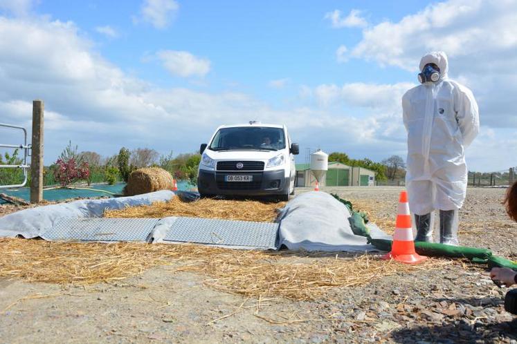 En cas de détection d'un cas d'influenza aviaire sur une exploitation, des rotoluves sont mis en place par une entreprise spécialisée. Le rotoluve permet de désinfecter les voitures à chaque entrée et sortie de zone contaminée. Il se constitue de désinfectant et de paille.