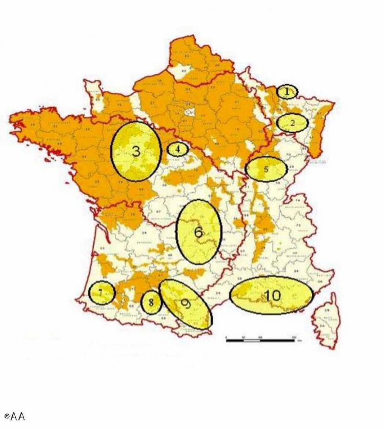 En orange : zones vulnérables actuelles
Ronds jaunes : régions faisant l’objet du contentieux européen.