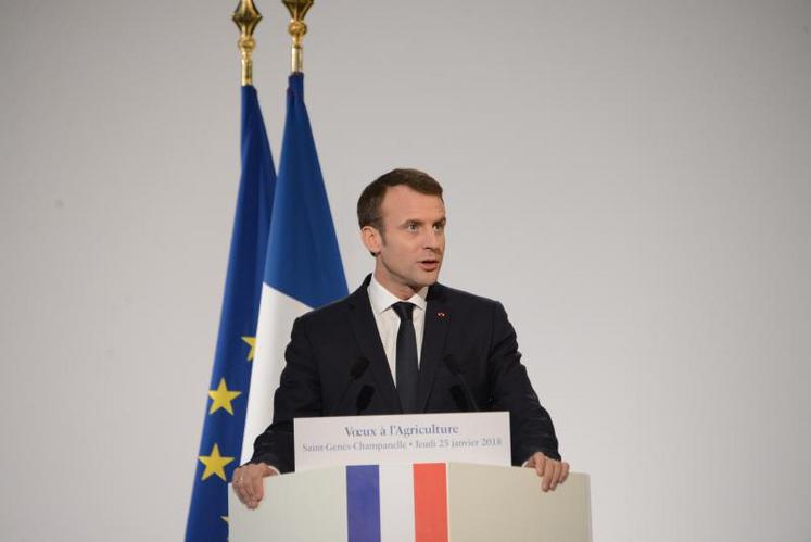 Vœux d''Emmanuel Macron au monde agricole, le 25 janvier 2018 à Saint-Genès-Champanelle (Puy-de-Dôme).