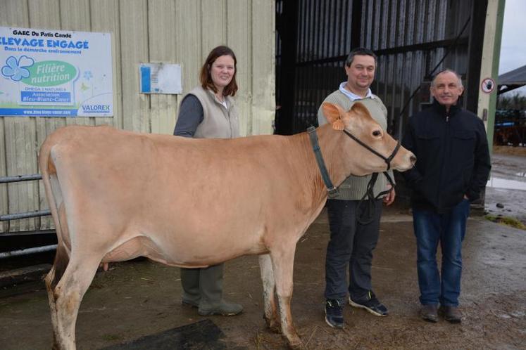 La jolie jersiaise Mériale, entourée d’Audrey et Sébastien Ferrard et de leur associé Jean-Laurent Jubin, représentera le Gaec du Patis Candé (Saint-Georges-sur-Loire) au prochain Salon de l’agriculture.