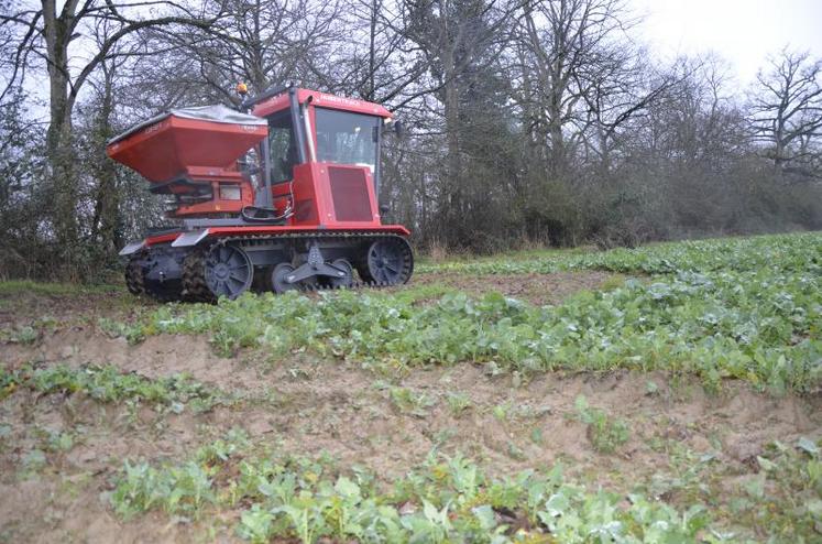 Au premier plan, les ornières laissées par un automoteur à roues. Le porteur HTrack100 parcourt la parcelle sans l'endommager.