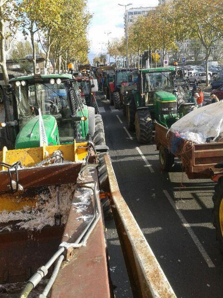 Mercredi 5 novembre, vers 15 h. Le cortège de tracteurs se dirige vers la cité administrative, à Angers.