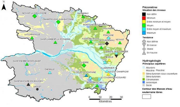 Carte du niveau piézométrique dans le Maine-et-Loire