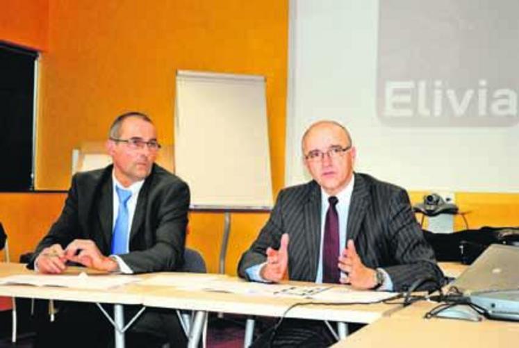 Philippe Martineau, président d’Élivia et Francis Ambroise, directeur général. Élivia va accompagner les éleveurs pour parvenir à l’objectif de 25 % de la production sous cahier des charges.