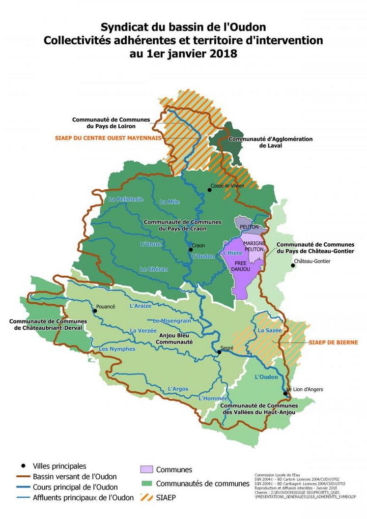 Le Syndicat du bassin de l’Oudon : collectivités adhérentes et territoire d’intervention au 1er janvier 2018.