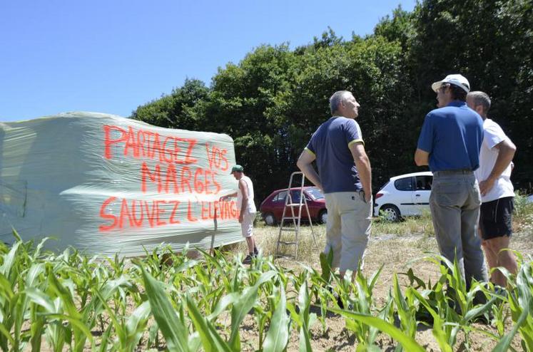 " Lait, porc, volailles, viande... Partagez vos marges, sauvez l'élevage ", le message visible dans les deux sens de circulation est fort à l'image du sentiment d'amertume qu'expriment les éleveurs, notamment à la suite du non respect des engagements des transformateurs observés la semaine passée.