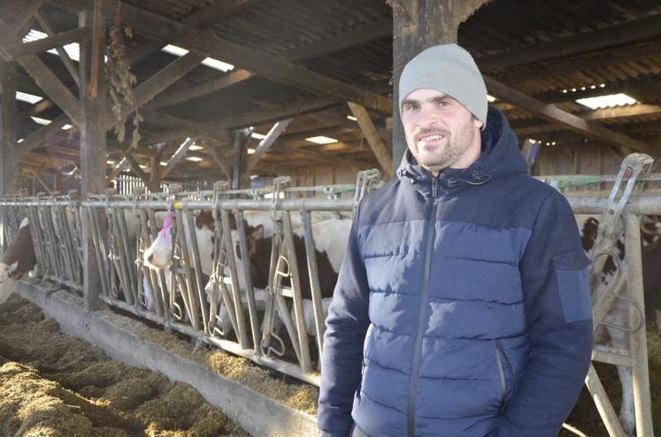 Freddy Redcent, 33 ans, dans sa stabulation datant des années 70. Ce bâtiment s'avère assez résistant à la chaleur et l'éleveur ne déplore pas de perte de production laitière l'été.