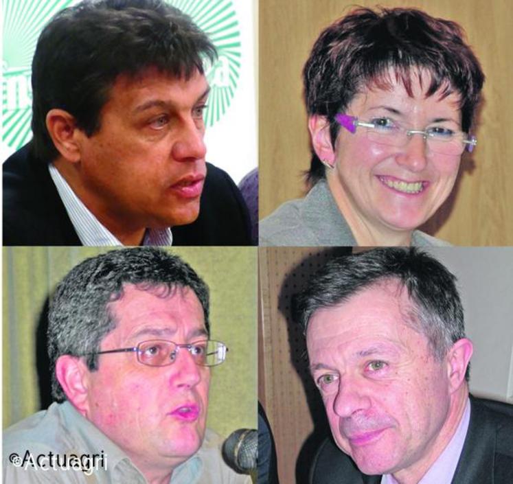 De gauche à droite : Xavier Beulin, nouveau président de la FNSEA. Christiane Lambert, 1re vice-présidente. Dominique Barrau secrétaire général. Jean-Bernard Bayard, secrétaire général adjoint.