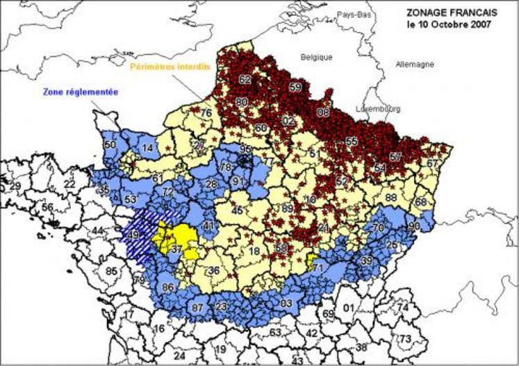 Situation au 11 octobre. Zone en jaune pâle : périmètres interdits déjà en place, zone en jaune vif : nouveaux périmètres interdits, zone en bleu : zone réglementée déjà en place ; zone en bleu hachurée : nouvelle zone réglementée.