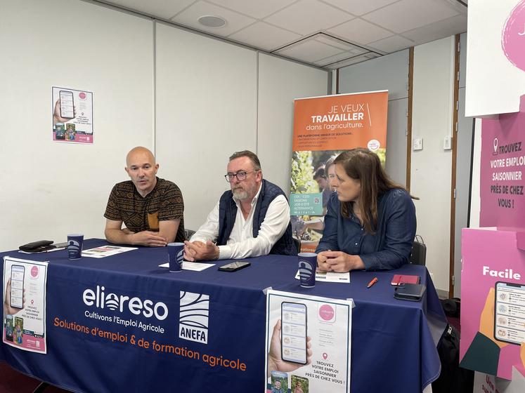 Lors d'un point presse mercredi à Angers : David Maugin, de la Fédération viticole Anjou Saumur, Luc-Paul Prévost, président de l'Anefa 49 et Edith Emereau, de la Fédération départementale des producteurs de fruits.