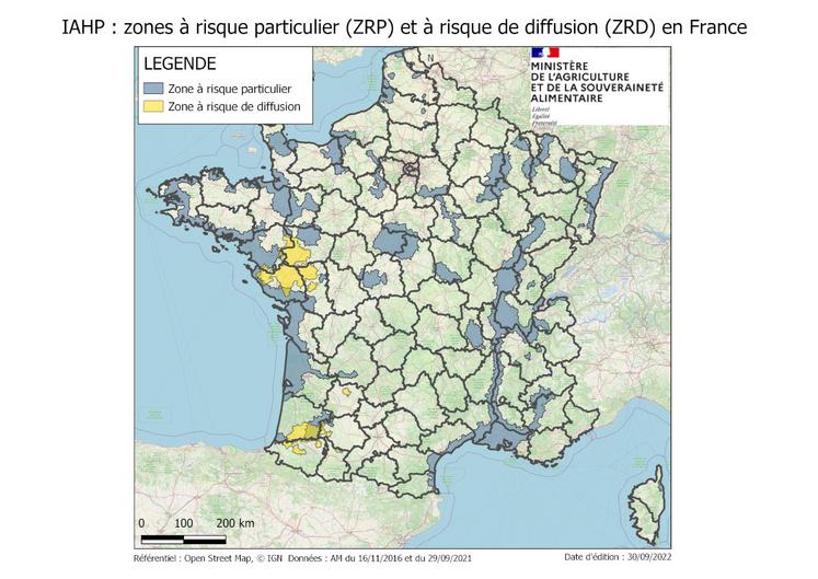 Influenza aviaire : carte des zones à risque particulier (ZRP) et à risque de diffusion (ZRD) en France
