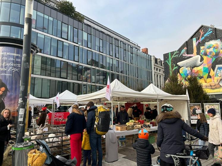 Ambiance conviviale sur le marché des Jeunes Agriculteurs samedi 14 décembre à Angers : un stand riche en couleurs et en saveurs, véritable vitrine du savoir-faire local.